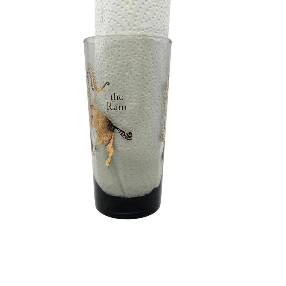 Vintage Federal Glass Aries Zodiac Highball Tumbler Smoked Grey Gold Ram MCM